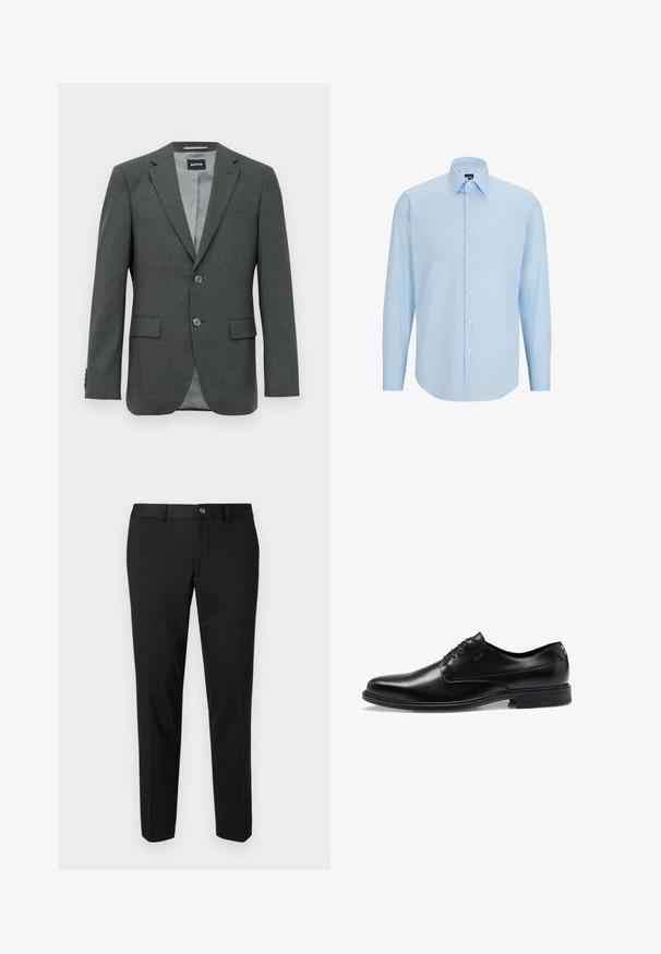 Blazer de hombre en gris oscuro, ajustado, con solapas tipo notch, dos botones, bolsillos de solapa y un forro interior parcialmente visible.; Camisa de dress de manga larga de color azul claro, hecha de una tela suave, con un cierre de botones en la parte delantera, cuello puntiagudo y corte regular.; Pantalones negros fabricados con una tela suave. Tienen un corte recto, un frente plano y un cierre de botón con un diseño sencillo en la cintura.; Zapato de vestir negro de cuero con un acabado liso, diseño con cordones, puntera redonda y sutiles detalles de costura. Cuenta con una suela de goma negra.