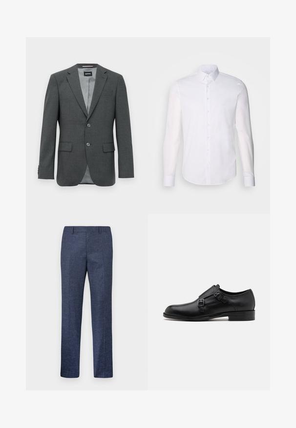 Mörkgrå skräddarsydd herrblazer med notch-revers, två knappar, fackfickor och en delvis synlig innerfoder.; Vit långärmad skjorta med knappar tillverkad av bomull, har en klassisk krage, framskjuta knappar och minimal sömnadsdetalj.; Mörkblå byxor tillverkade av ett strukturerat tyg, med raka ben, platt fram och två sidofickor. Inga synliga mönster eller dekorationer.; Svart läderskor med dubbla spännen, elegant silhuett och rund tå. Har en låg klack och en mjuk yta.