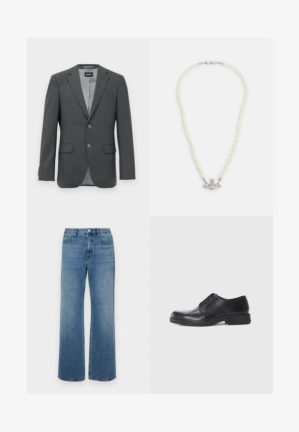 Tamsiai pilkas vyriškas pritaikytas švarkas su įpjovomis apykaklėmis, dviem mygtukais, kišenėmis su atvartais ir dalinai matoma vidine pamušalu.; Balta mygtukinė marškiniai su apykakle, turinti subtilias vertikalias juosteles, ilgomis rankovėmis, krūtinės kišene ir klasikiniais apvaliais kraštais.; Platus blaujos džinsai, pagaminti iš dėvėtos džinsinio audinio. Sukurtas su penkiomis kišenėmis, priekiniais sagčių uždarymu ir tiesiu kirpimu.; Juodas odinis batų suapvalintu priekiniu stole, su raišteliais ir mažais blokiniais kulnais. Sklandus paviršius ir minimalistinė forma.; Perlo vėrinys su sidabriniu užsegimu. Sudarytas iš apvalių baltų perlų ir dekoratyvios, deimantais papuoštos centrinės dalies.