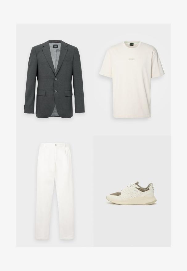 Tummanharmaa räätälöity miesten bleiseri, jossa on loviplerot, kaksi nappia, läpälliset taskut ja osittain näkyvä vuori.; BOSS TEE - T-paita - open white; Valkeat housut, jotka on valmistettu sileästä kankaasta, suoran lahkeiden muotoilun, etupleettien ja vyötäröllä olevan yksittäisen nappikiinnityksen kanssa.; Valkoinen ja vaaleanbeige urheilukengät, joissa on verkkomateriaali yläosa, rei'itettyjä yksityiskohtia ja teksturoitu välipohja, jossa on brändäys kantapäässä.