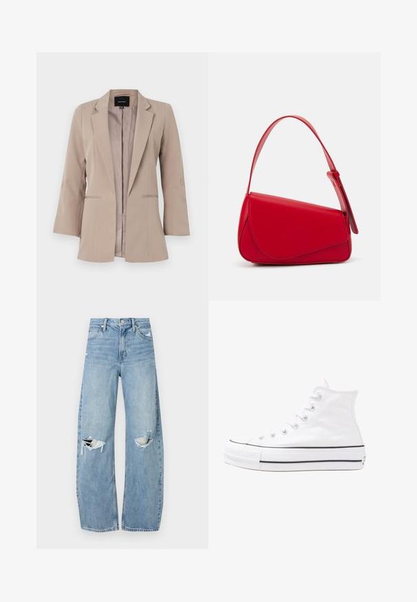 Blazer bege com um design ajustado, abertura de um único botão, dois bolsos frontais e mangas de comprimento três quartos. Textura de tecido suave.; Bodysuits sem mangas em preto e branco com decote redondo e fundo em fio dental, feitos de um tecido liso e elástico.; Jeans de lavagem clara, de cintura alta, feitos de denim. Apresentam pernas largas, duas áreas rasgadas nos joelhos e o estilo clássico de cinco bolsos.; Sapatilha alta de tela branca com sola de borracha preta, bico de borracha na frente e seis ilhós para os atacadores, apresentando um design limpo e minimalista.; Bolsa de mão em couro vermelho com um design angular e geométrico. Apresenta uma única alça ajustável e um fecho com aba, com detalhes cosidos.