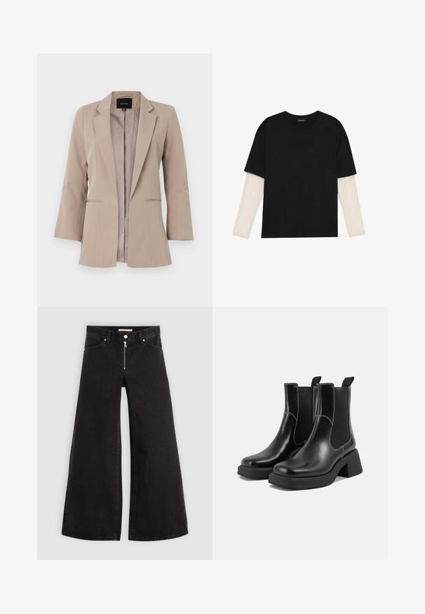 Beige blazer med en skreddersydd design, enkeltspent åpning, to frontlommer og trekvartlangte ermer. Glatt tekstur.; Svart T-skjorte laget av bomull, med korte ermer over et hvitt langermet lag med en subtil teksturert mønster. Rund hals design.; Vide benbukser i sort denim med glidelås i front, fem-lomme design og subtile sømdetaljer. Glatt tekstur og avslappet stil.; Sorte lær Chelsea støvler med en kraftig hæl, elastiske sidepaneler og kontrasterende hvid syning. Teksturert overflate.