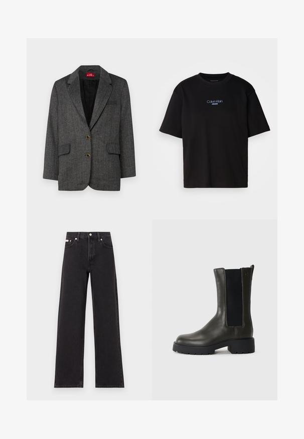 Hall sinine kalasaba bleiser kahe eesmine taskuga ja kuldsete nööpide aksessuaaridega. Nurgelised kraed ja must vooder täiendavad struktureeritud disaini.; Mustmust särk ümmarguse kaelusega, lühikeste varrukatega ja sinise tikandiga "Calvin Klein JEANS" logo ees.; Mustad laiad mustad teksad, millel on kõrge vöökoht, viie tasku stiil ja metallist nööpkinnitus kontrastsete õmblustega.; Roheline nahkne pahkluu saabas elastsete külgtaskutega, ümar varvas ja kummitald. Omab tekstuurset viimistlust ja plokknakki.