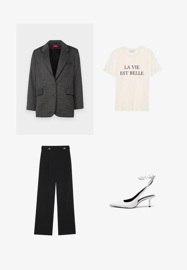 Šedý blazer v herringbone vzoru s dvěma předními kapsami a zlatými knoflíkovými detaily. Klopové límce a černá podšívka dotvářejí strukturovaný design.; Krémové bavlněné tričko s krátkým rukávem a kulatým výstřihem. Na přední straně se nachází černý text "LA VIE EST BELLE" umístěný uprostřed.; Černé široké kalhoty s vysokým pasem, detailní knoflíky na pase a přední záhyby.; Bílé lodičky s špičatou špičkou a s otevřenou patou, opatřené tenkým páskem kolem kotníku. Hladký kožený materiál, tenký jehlový podpatek a černé vnitřní podšívka.