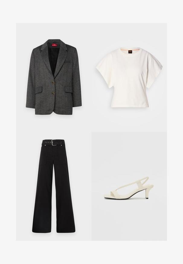 Pelēks zīda herringbone žakets ar divām priekšējām kabatām un zelta pogu akcentiem. Noietas atlokas un melns odere papildina strukturēto dizainu.; Balts īsais T-krekls, plašas īsas piedurknes, mīksts kokvilnas materiāls, apaļa kakla izgriezums ar delikātu oranžu apdari, minimāls dizains, bez rakstiem vai grafikām.; Melna platā kāju bikses, izgatavotas no kokvilnas, ar augstu jostasvietu, lieliem sānu kabatām un jostu ar sudraba detaļām.; Beige bloku papēžu sandales ar plānām siksnām un kvadrāta formas purngalu. Gluda materiāla virsma ar minimālām detaļām, paredzētas ērtai nēsāšanai.