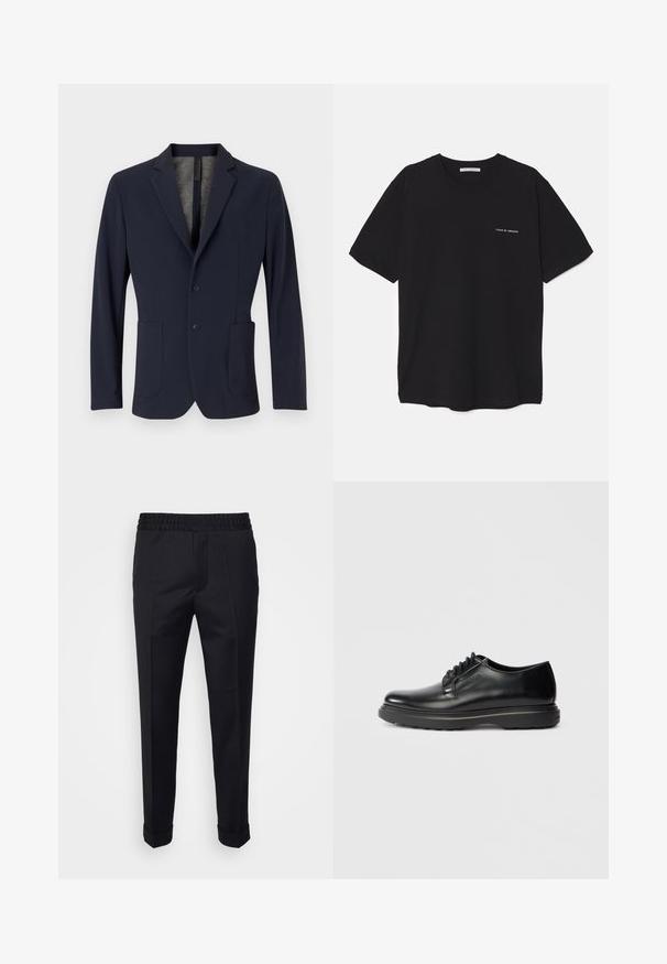 Navy blazer made of smooth fabric, featuring a single-button closure, two front pockets, and a subtle textured inner lining.; Black cotton T-shirt with a crew neck, short sleeves, and a white logo print on the left chest. Simple, solid color design.; Black trousers made of lightweight fabric, featuring an elastic waistband, side pockets, and rolled cuffs. Smooth texture with front pleats.; Black leather lace-up Oxford shoe with thick sole and "WATERMAN" embossed on side, shown in profile on light gray background.