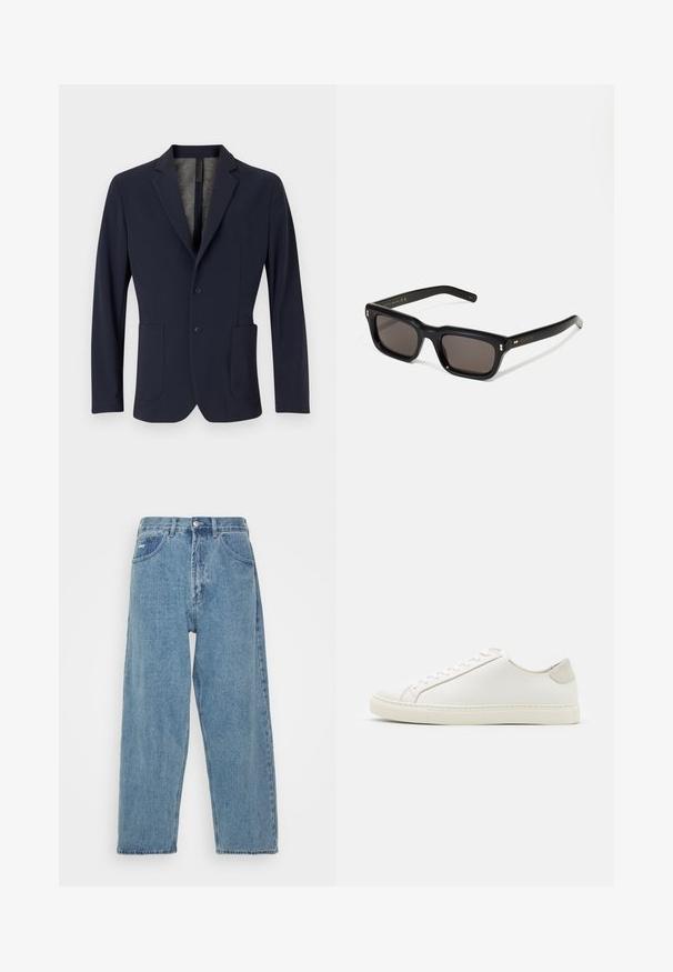 Námořnický blazer vyrobený z hladké látky, s jedním knoflíkem, dvěma předními kapsami a jemně texturovanou podšívkou.; Bílý krátký rukáv bavlněné tričko s kulatým výstřihem. Jednoduchý design bez vzorů nebo detailů. Hladká textura.; Svetle modré džíny s vysokým pasem a uvolněným střihem, vybavené dvěma předními kapsami, jednou zadní kapsou a zapínáním na knoflík.; Bílé kožené tenisky s hladkým povrchem, kulatou špičkou a minimalistickým designem. Disponují béžovými akcenty na patě a gumovou podešví.; Černé obdélníkové sluneční brýle s tmavými skly, silným plastovým rámem, zlatými akcenty na spáncích a vyrytým logem značky na nožičce.
