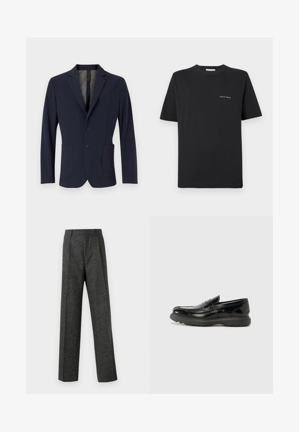 Navy blazer made of smooth fabric, featuring a single-button closure, two front pockets, and a subtle textured inner lining.; Black cotton T-shirt with a crew neckline, short sleeves, and a small white "TIGER OF SWEDEN" logo on the chest. Classic fit.; Gray tailored trousers made of textured fabric, featuring two front pleats and a straight-leg design. No visible pockets or embellishments.; Black leather loafer with a glossy finish, rounded toe, subtle stitching details, and a thick rubber sole for durability.