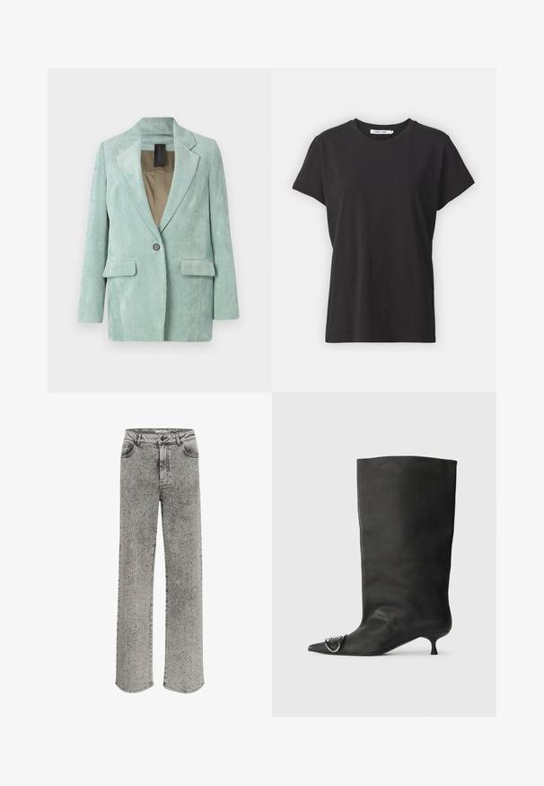Light green corduroy blazer with a notched lapel, two front pockets, single button closure, and soft textured finish.; Black cotton t-shirt with a classic crew neck, short sleeves, and a relaxed fit. Smooth texture, no visible patterns or accents.; Gray denim jeans with a straight leg design, adorned with silver studs throughout. Features a classic five-pocket style and button closure.; Black leather ankle boot with a pointed toe, small heel, and metallic accent detail on the toe. Smooth, matte texture throughout.