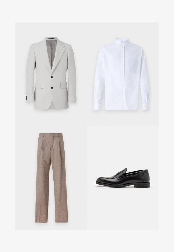 Světle šedý lícový oblekový kabát s klopovým límcem, dvěma knoflíky, dvěma předními kapsami a černými knoflíkovými akcenty. Hladká textura po celém povrchu.; Bílá dlouhá košile s knoflíky vyrobená z bavlny, která má náprsní kapsu s tónovanou výšivkou, límec a knoflíkové manžety.; Hnědé kalhoty s vysokým pasem vyrobené z texturované látky. Mají široké nohavice a dva přední sklady pro strukturu. Úhledné provedení bez viditelné kovových částí.; Černé kožené polobotky s hladkou texturou, zaoblenou špičkou a zdobným páskem přes nárt. Nízký stohovaný podpatek, minimalistický design.