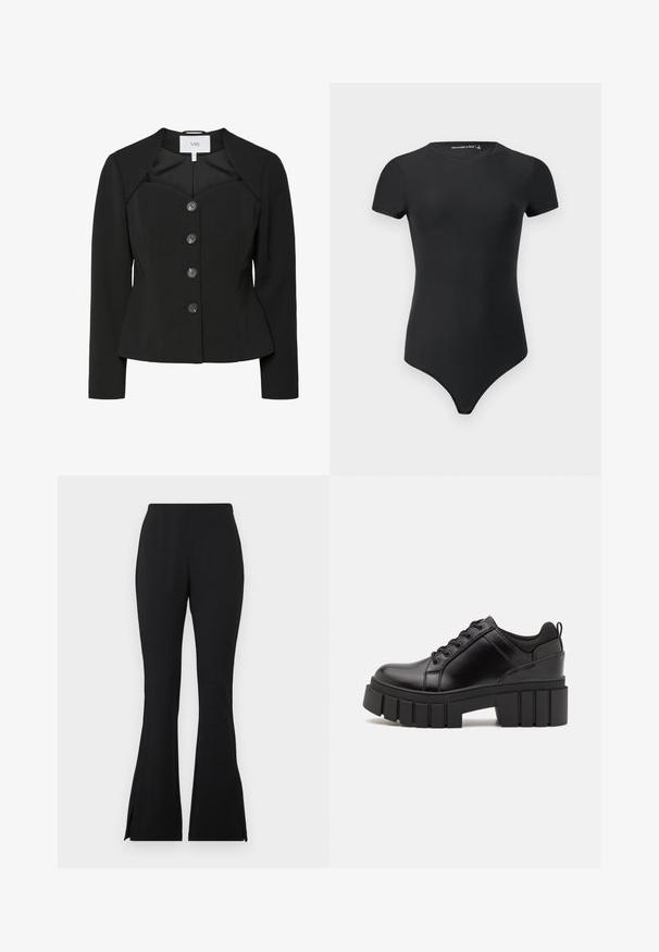 Jachetă neagră structuratã cu decolteu tip sweetheart, mâneci lungi și cinci nasturi negri pe față. Material neted cu o croială ajustată.; Body negru cu mânecă scurtă, realizat dintr-un material elastic, cu un decolteu rotund și un design ajustat, având un fund de tip thong.; Pantaloni negri evazați, confecționați dintr-un material neted și elastan. Prezintă deschideri laterale la margine pentru un plus de detaliu. Design clasic și potrivire versatilă.; Pantofi cu talpă plată din piele neagră, cu toc gros, vârf rotund și design tradițional cu șireturi. Prezintă o textură netedă și detalii minime.