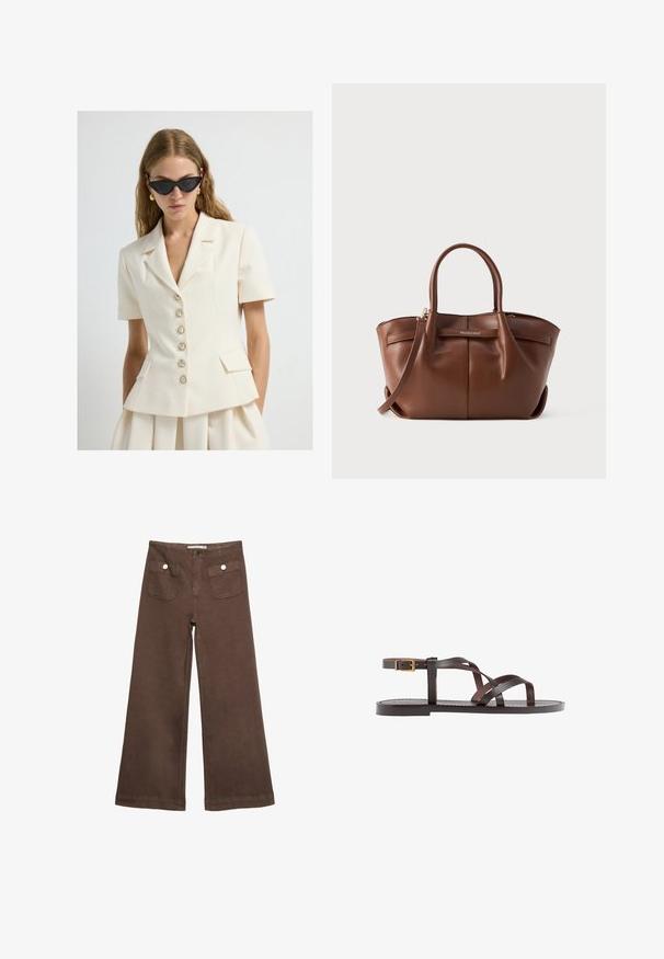 Frau in einem cremefarbenen Blazer mit kurzen Ärmeln und perlenbesetzten Knöpfen, kombiniert mit einem passenden Rock. Sie trägt schwarze Cat-Eye-Sonnenbrillen und goldene Ohrringe.; Braunes, kurzärmliges T-Shirt aus weichem Material mit rundem Halsausschnitt und lockerer Passform. Keine sichtbaren Muster oder Akzente.; Braune weit geschnittene Hosen aus Baumwolle, mit zwei Fronttaschen mit silbernen Knöpfen und einer glatten Textur.; Braune Leder-Sandale mit überkreuzten Riemen, einem Knöchelriemen mit Schnalle und einer flachen Sohle mit minimalen Nähdetails.; Braune Ledertasche mit zwei kurzen Griffen, einem abnehmbaren Schultergurt und einem Logo-Detail an der Vorderseite. Glatte Textur und strukturierte Form.