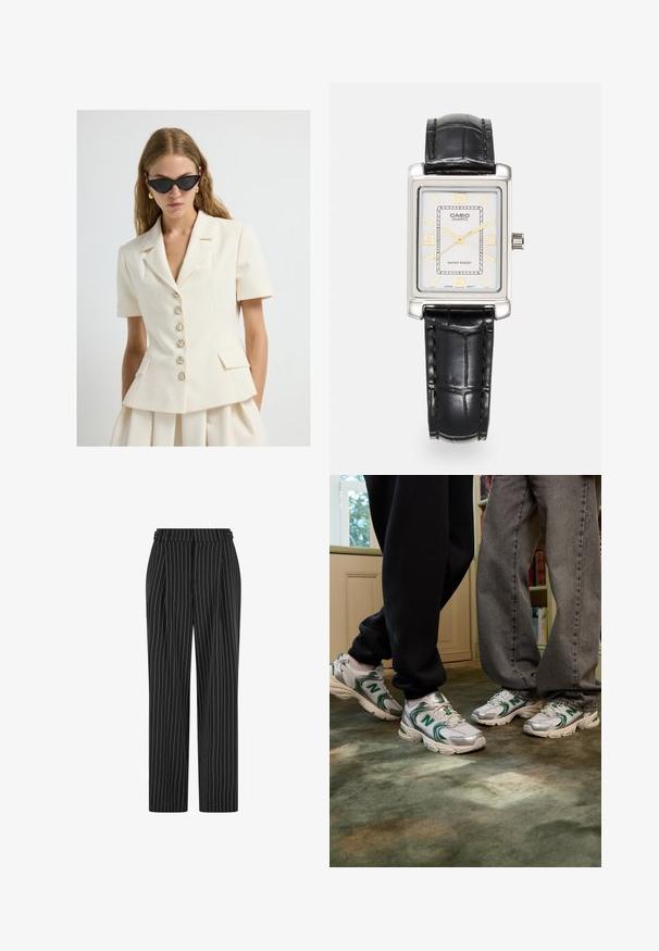 Kvinde iført en cremefarvet blazer med korte ærmer og perleknapper, matchende nederdel, accessoriseret med sorte katteøje-solbriller og guldsmykker.; Hvid ribbet tanktop med brede stropper og tætsiddende design, parret med højtaljede sorte bukser og et sort bælte.; Sorte pinstripe bukser med høj talje, plisseret front og lige ben design. Stoffet ser struktureret ud og er skræddersyet til et formelt look.; Hvide og sølvfarvede sneakers med grønne detaljer og "N" logo. Tekstureret mesh og syntetiske materialer, designet til komfort.; Casio rektangulær kvartsur med en sølvfarvet skive, gyldne detaljer, sort krokodilleskindsinbrændt læderrem og vandafvisende egenskaber.