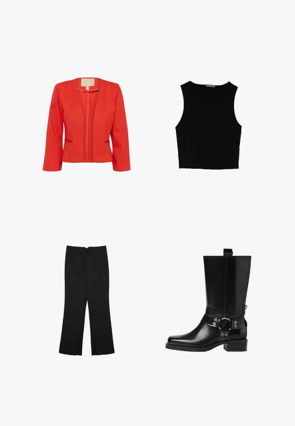 Červený lehký blejzr s uzkým střihem, otevřeným předním dílem, dlouhými rukávy a dvěma malými předními kapsami. Hladká textura a klasický límec.; Černý bezsleeve crop top vyrobený z hladké tkaniny, s kulatým výstřihem a čistým, jednoduchým designem bez vzorů nebo kovových doplňků.; Černé kalhoty s rovným střihem, s předními kapsami a bočními rozparky na lemu. Vyrobené z jemné, hladké tkaniny. Vhodné na různé příležitosti.; Černá kožená vysoká bunda s špičatou špičkou, stříbrnými sponami a robustní podešví. Obsahuje poutko pro snadné obutí.