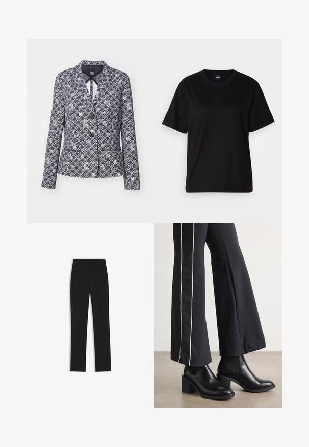 Black and white patterned blazer featuring an intricate geometric design and floral accents, with a notched collar and button closure.; Black cotton t-shirt with a crew neckline, short sleeves, and an embroidered logo on the chest. Simple, relaxed fit with no patterns.; Black tailored trousers with a straight-leg design, featuring front pockets and a smooth, textured fabric. Neat, minimal detailing.; Black leather ankle boots with a block heel, featuring elastic side panels. Paired with black pants that have a white side stripe.