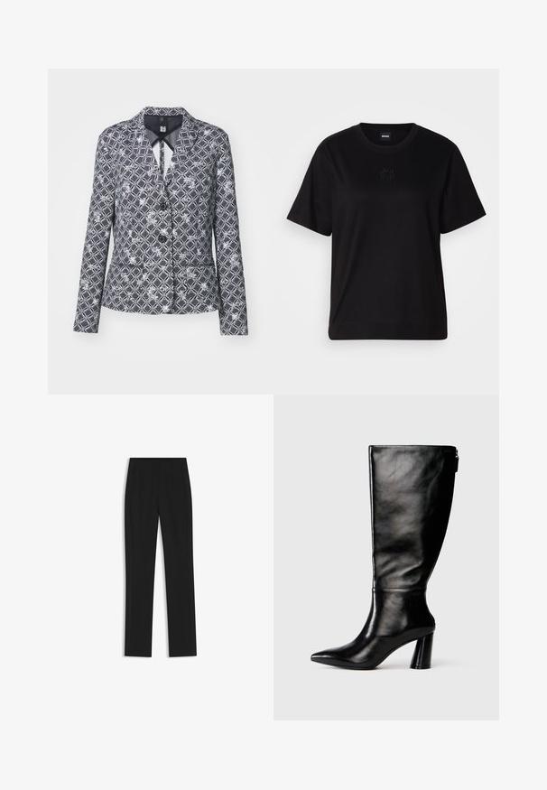 Schwarz-weiß gemusterte Blazer mit einem komplexen geometrischen Design und floralen Akzenten, mit Reverskragen und Knopfverschluss.; Schwarzes Baumwoll-T-Shirt mit Rundhalsausschnitt, kurzen Ärmeln und aufgesticktem Logo auf der Brust. Einfacher, lässiger Schnitt ohne Muster.; Schwarze maßgeschneiderte Hose mit geradem Bein, ausgestattet mit Fronttaschen und einem glatten, strukturierten Stoff. Saubere, minimale Details.; Knöchelhohe schwarze Lederstiefel mit einer spitzen Zehe, glatter Oberfläche und einem klobigen Absatz. Verfügt über einen Reißverschluss hinten.