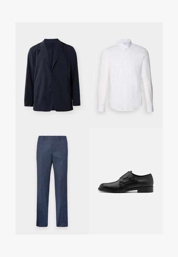 Granatowa, lekka marynarka wykonana z gładkiego materiału, z pojedynczym zapięciem na guzik, klapami oraz prostymi liniami i bocznymi kieszeniami.; Biała, długosleeve koszula zapinana na guziki z bawełny, z klasycznym kołnierzykiem, guzikami z przodu i minimalnymi detalami przeszycia.; Granatowe spodnie wykonane z teksturowanej tkaniny, z prostymi nogawkami, płaskim przodem i dwoma bocznymi kieszeniami. Brak widocznych wzorów lub akcentów.; Czarne skórzane buty do garnituru z podwójnymi klamrami, smukła sylwetka i okrągły czubek. Posiadają niski obcas i gładką fakturę.