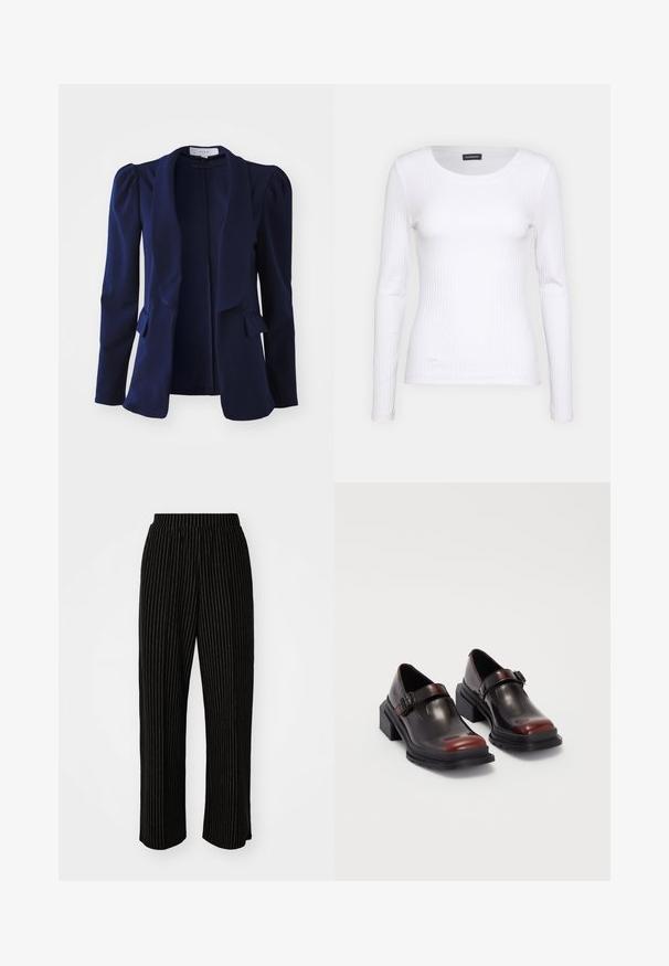 Námořnický modrý blejzr s dlouhými rukávy, strukturovanými rameny, otevřeným předním dílem a dvěma předními kapsami, vyrobený z hladké látky. Minimalistický design.; Bílé žebrované tričko s dlouhým rukávem a kulatým výstřihem. Vyrobeno z elastické tkaniny, která obepíná tělo. Obsahuje jemné horizontální pruhy.; Černé široké kalhoty s bílými svislými pruhy, které mají elastický pas pro pohodlí a jemnou, hladkou texturu.; Kožené boty na blokovém podpatku s lesklým tmavě burgundským povrchem, vybavené páskem na přezku a designem s kulatou špičkou. Texturovaná podrážka pro lepší přilnavost.