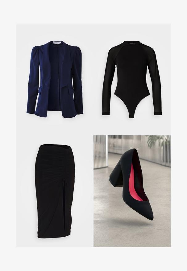 Námornícky modrý blejzer s dlhými rukávmi, štruktúrovanými plecami, otvoreným predným dielom a dvoma prednými vreckami, vyrobený z hladkej látky. Minimalistický dizajn.; Čierny dlhý rukáv body s vysokým golierom, s pevným látkovým trupom a priehľadnými sieťovinovými rukávmi, navrhnuté v priliehavom strihu.; Čierna, riasená ceruzková sukňa s viazaním a bočným rozparkom. Vyrobená z elastického materiálu, s hladkou textúrou a priliehavým dizajnom.; Čierna lodička na vysokom opätku s špicatou špičkou, štruktúrovaným povrchom a živým ružovým interiérom. Obsahuje robustný opätok so strieborným akcentom.