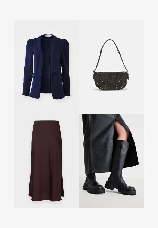 Tamsiai mėlynas švarkas su ilgomis rankovėmis, structūruotais pečiais, atviru priekiniu užsegimu ir dviem priekinių kišenių, pagamintas iš lygaus audinio. Minimalistinis dizainas.; Du kamščių be rankovių juodos ir baltos spalvų, pagaminti iš banguoto medvilnės, su apvaliais kaklo iškirpimais ir priglundančiu siluetu. Matomi etiketės abiejuose.; Bordo satino midi sijonas su lygiu paviršiumi, tiesiu siluetu ir šiek tiek platėjančiu apmušalu. Nėra matomų raštų ar detalių.; Juodos iki kelių aukščio botai su stora padais, lygaus odos tekstūra, šoniniu užtrauktuku ir minimalistiniu dizainu, derinami su juoda sijonu su įpjova.; Juodas zomšinės rankinės su išlenktu dizainu, su vinių akcentais ir tekstūruota paviršiumi. Reguliuojama petneša su viniukų detalėmis aplink kraštą.