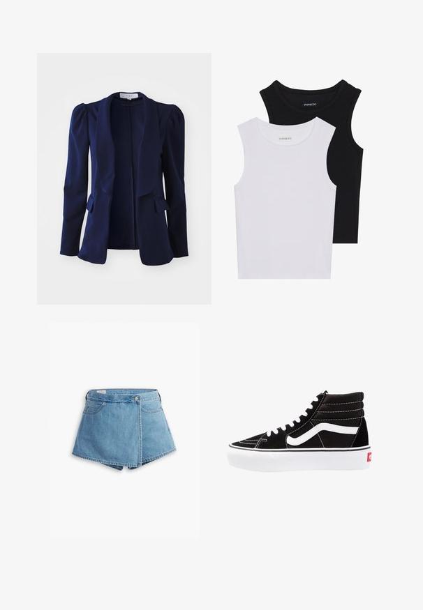 Sötétkék blézer hosszú ujjakkal, strukturált vállakkal, nyitott elülső résszel és két elülső zsebbel, sima anyagból készült. Minimalista dizájn.; Két ujjatlan felső fekete és fehér színben, bordás pamutból készült, kerek nyakkivágással és testhez simuló fazonnal. Mindkettőn látható címke.; Világoskék farmer rövidnadrág, csavart kialakítással, elülső zsebekkel és fémből készült gombos záródással. Sima textúra, varrott szélekkel.; Fekete magasszárú sportcipők fehér fűzővel, fehér logóval és kontrasztos fehér varrással. Vastag fehér talppal és texturált velúrból készült felsőrész jellemzi.