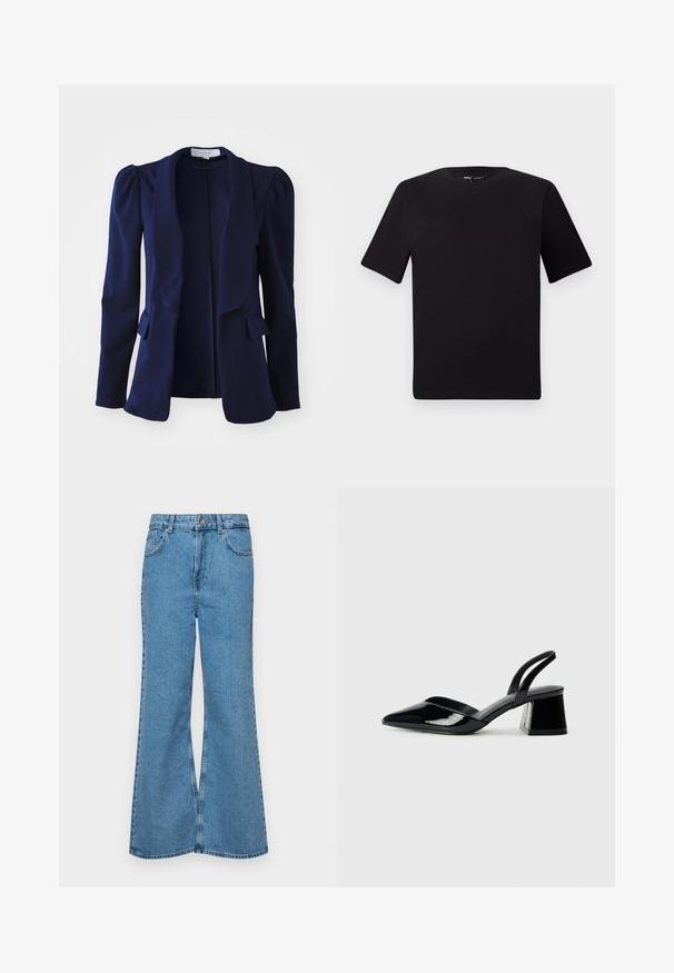 Námornícky modrý blejzer s dlhými rukávmi, štruktúrovanými plecami, otvoreným predným dielom a dvoma prednými vreckami, vyrobený z hladkej látky. Minimalistický dizajn.; Čierne tričko s krátkym rukávom a okrúhlym výstrihom, vyrobené z mäkkej bavlny. Jednoduchý dizajn, bez viditeľných log alebo vzorov.; Svetlomodré rozšírené džínsy vyrobené z denimu, s vysokým pásom, piatimi vreckami a jednopoložkovým zapínaním na gombík. Mäkká textúra s vyblednutým povrchom.; Čierne lakované kožené sandálové podpätky s špicatou špičkou a geometrickým blokovým podpätkom. Disponujú elegantným, minimalistickým dizajnom a hladkým povrchom.