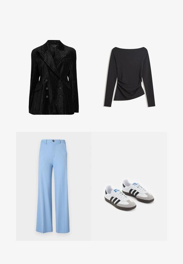 Black velvet double-breasted blazer featuring silver pinstripes, notched lapels, two front pockets, and textured fabric for a sleek fit.; Black long-sleeve fitted top with a boat neckline and slight ruching on one side at the waist, laid flat on a white background.; Light blue wide-leg pants made from a smooth fabric, featuring a button closure and front pockets. Clean, tailored design with no patterns.; Sport shoes with a white leather upper, gray suede toe, and three black stripes. Features a blue logo on the tongue and a textured rubber sole.