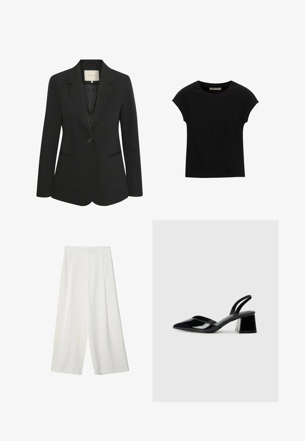 Black blazer with a single button, pointed lapels, and two front pockets. Smooth fabric with a structured fit and subtle sheen.; Black short-sleeve t-shirt made of soft fabric, featuring a round neckline and a relaxed fit, with a smooth texture and no patterns.; White, wide-leg cropped trousers with a smooth texture, featuring a flat front and no visible fastenings or pockets.; Black patent leather slingback heels with a pointed toe and a geometric block heel. Features a sleek, minimal design and smooth texture.