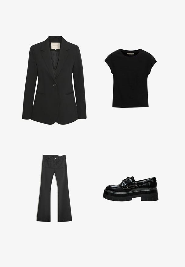 Schwarze Blazer mit einem einzigen Knopf, spitzen Revers und zwei vorderen Taschen. Glattes Gewebe mit strukturiertem Schnitt und dezentem Glanz.; Schwarzes Kurzarm-T-Shirt aus weichem Stoff, mit Rundhalsausschnitt und lockerer Passform, glatter Textur und ohne Muster.; Schwarze Schlagjeans aus Denim mit glatter Textur, ausgestattet mit zwei Gesäßtaschen und einem Knopfverschluss an der Taille.; Schwarzer Lacklederschuh mit dickem Plateau, abgerundeter Spitze, Schnürdesign und silberfarbigen Ösen. Verfügt über eine strukturierte, profilierten Sohle.