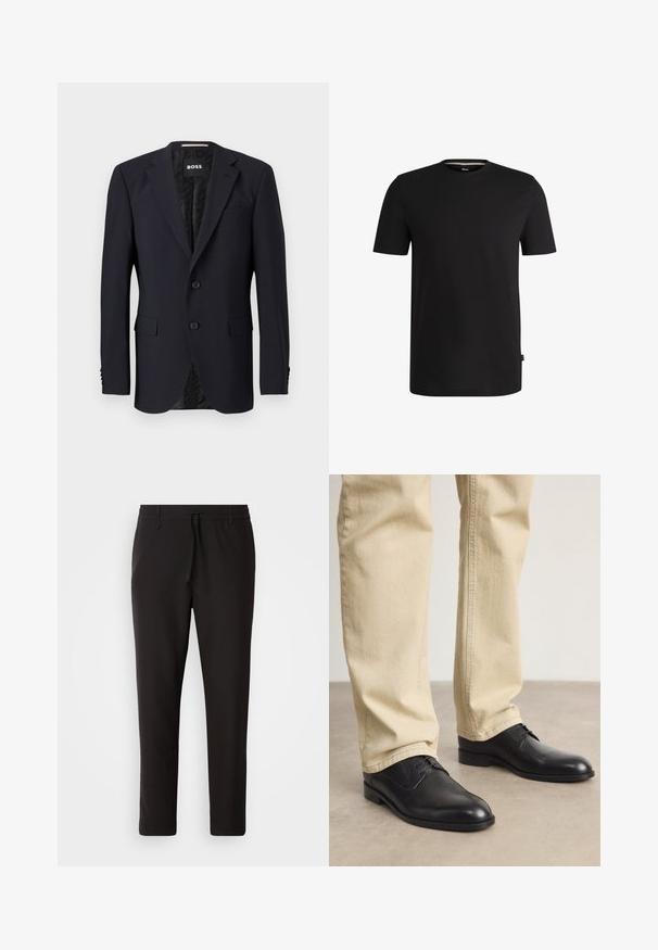 Temno moder blazer iz teksturiranega materiala, s dvema gumboma, zarezanimi reverji in dvema sprednjima žepoma. Podloženo notranjost z vzorcem.; Črna majica s kratkimi rokavi iz gladkega bombaža z okroglim izrezom. Na levi strani blizu roba se nahaja diskretna oznaka blagovne znamke.; Črne jogger hlače iz gladkega blaga. Imajo elastičen pas z vrvico, zožane hlačnice in brez vidnih žepov. Enostaven dizajn.; Črne usnjene čevlje z vezalkami in zaobljenim prstom, gladke površine in diskretnimi šivi, oblečene z svetlo bež hlačami.