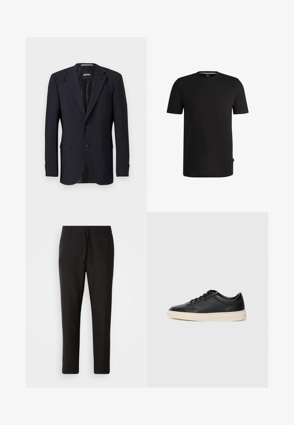 Tumši zils žakets, izgatavots no teksturēta auduma, ar divu pogu aizdari, atliektiem apkaklītes galiem un divām priekšējām kabatām. Iekšpuse ar rakstu.; Melnas īsām piedurknēm T-krekls, kas izgatavots no gludas kokvilnas, ar apaļu dekoltē. T-krekla kreisajā pusē tuvu apakšmalai ir diskrēta zīmola etiķete.; Melnas sporta bikses no gludas auduma. Tām ir elastīga josta ar auklu, sašaurinātas kājas un nav redzamu kabatu. Vienkāršs dizains.; Melnas zemas ādas sporta kurpes ar melnām auklām un off-white zoli, rādītas no sānu profila uz baltā fona.
