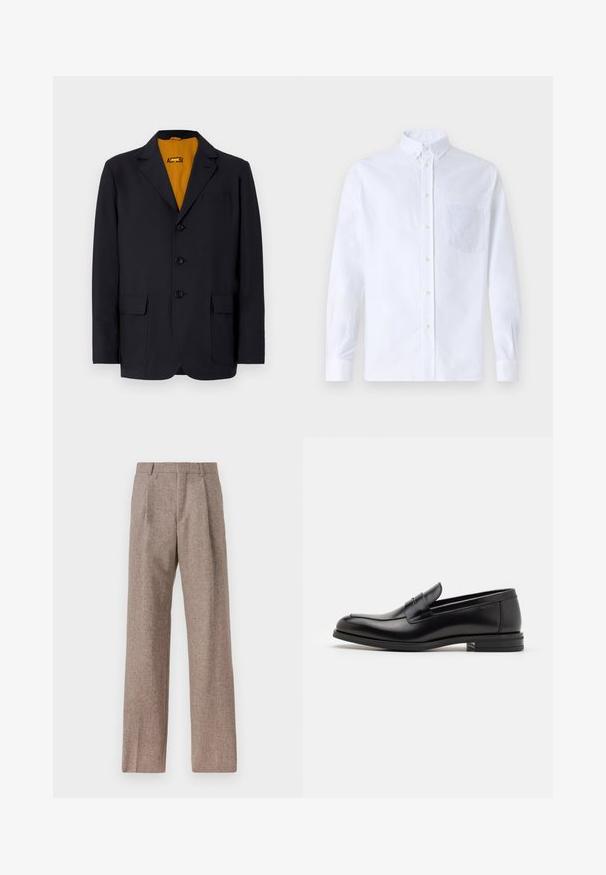 Navy blazer with a notched lapel, four buttons, two front pockets, and a vibrant yellow interior lining. Smooth fabric texture.; White long-sleeve button-up shirt made of cotton, featuring a chest pocket with tonal embroidery, a collar, and button cuffs.; Brown, high-waisted trousers made of textured fabric. Features wide legs and two front pleats for structure. Neat finish with no visible hardware.; Black leather loafers with a smooth texture, rounded toe, and a decorative strap across the vamp. Low stacked heel, minimalist design.