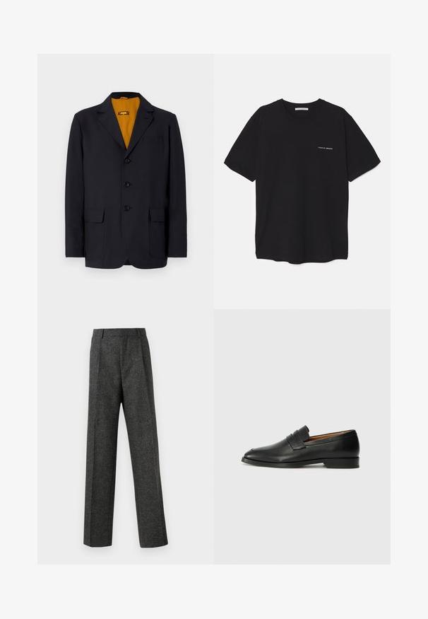 Námořnický blazer s klopovým límcem, čtyřmi knoflíky, dvěma předními kapsami a živou žlutou podšívkou. Hladká struktura tkaniny.; Čierne bavlnené tričko s okrúhlym výstrihom, krátkymi rukávmi a bielou potlačou loga na ľavej hrudi. Jednoduchý, jednoliaty dizajn.; Sivé úzke nohavice z textúrovanej látky, s dvoma prednými skladmi a rovnými nohavicami. Bez viditeľných vreciek alebo ozdôb.; Čierne kožené mokasíny s okrúhlou špičkou, jemným prešitím a nízkym podpätkom, s hladkou textúrou a minimalistickým dizajnom.