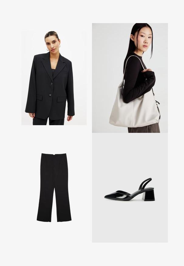 Črn blejzer s strukturirano zasnovo, zapiranje na en gumb, reverji z zarezo in dvema sprednjima žepoma. Gladka tekstura s krojem, ki se dobro prilega.; Črna majica brez rokavov iz bombaža, z okroglim izrezom in širokimi odprtinami za roke. Gladka tekstura s šivi na robovih. Klasičen, minimalističen dizajn.; Črne hlače ravnega kroja z naglavnimi žepi in stranskimi razporki na robu. Narejene iz mehke, gladke tkanine. Primerne za različne priložnosti.; Črne lakirane slingback pete s koničastim nosom in geometrijsko blokasto peto. Imajo eleganten, minimalističen dizajn in gladko teksturo.; Bežna torbica iz mehkega materiala, z ohlapno zasnovo, šivi in dvema naramnicama. Primerna za vsakodnevno uporabo.