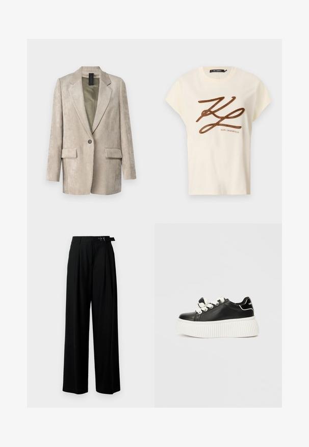 DRYKORN GLENDALE - Blazer - brown; Cream-colored cotton t-shirt with short sleeves, featuring a brown embroidered logo and script design on the front.; Black wide-leg trousers with a high waist, pleats at the front, and a belt featuring a buckle. Made from smooth, lightweight fabric.; Black leather sneaker with a thick white ribbed sole, featuring white shoelaces, and a decorative bow accent on the tongue.
