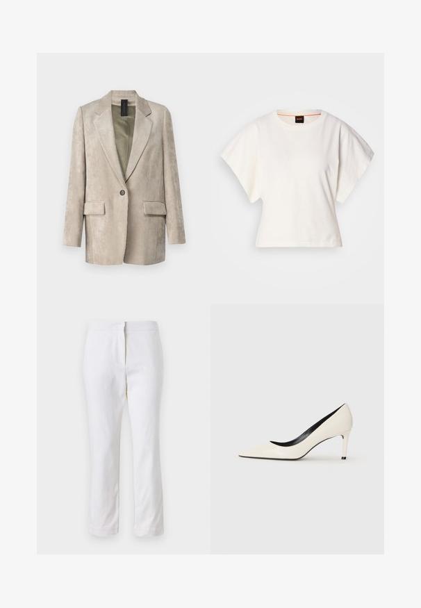 DRYKORN GLENDALE - Bleiser - brown; Valge lühikeste laiadte varrukatega lühike T-särk, pehme puuvillane materjal, ümar kaelus kergelt oranži ääristusega, minimaalne disain, ilma mustrite ja graafikateta.; Valged puuvillased püksid sirge lõikega, keskmise kõrgusega vöökoht ja ilma nähtavate detailide või mustriteta. Ühtlane sile tekstuur.; Valge patendi nahast kõrge kontsaga pump terava varbaga, peene kontsaga ja musta sisekujundusega. Silumine tekstuur ja stiilne disain.