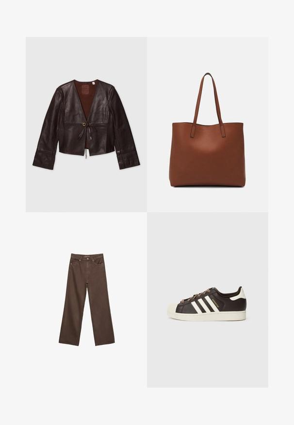Hnedá kožená skrátená bunda s dlhými rukávmi, V-výstrihom, predným viazaním a zlatými akcentmi; hladká textura s bohatým povrchom.; Hnedá mikina s kapucňou vyrobená z mäkkej látky, s veľkou kapucňou, prednou vreckom a rebrovanými manžetami a spodným lemom. Jednoduchý, ležérny dizajn bez vzorov.; Džínsy s širokými nohavicami v hnedej farbe, vyrobené z denimu, so zvýšeným pásom, prednými vreckami a klasickým zapínaním na gombík. Hladká textúra s jemným prešívaním.; Nízke tenisky Adidas Superstar z tmavohnedej kože s béžovou špičkou, bielymi pruhmi a nápisom „Superstar“ na boku.; Hnedá kožená taška na rameno s hladkou textúrou, otvoreným vrchom a dvoma ramenými popruhmi. Má minimálne šitia a žiadne viditeľné kovania.