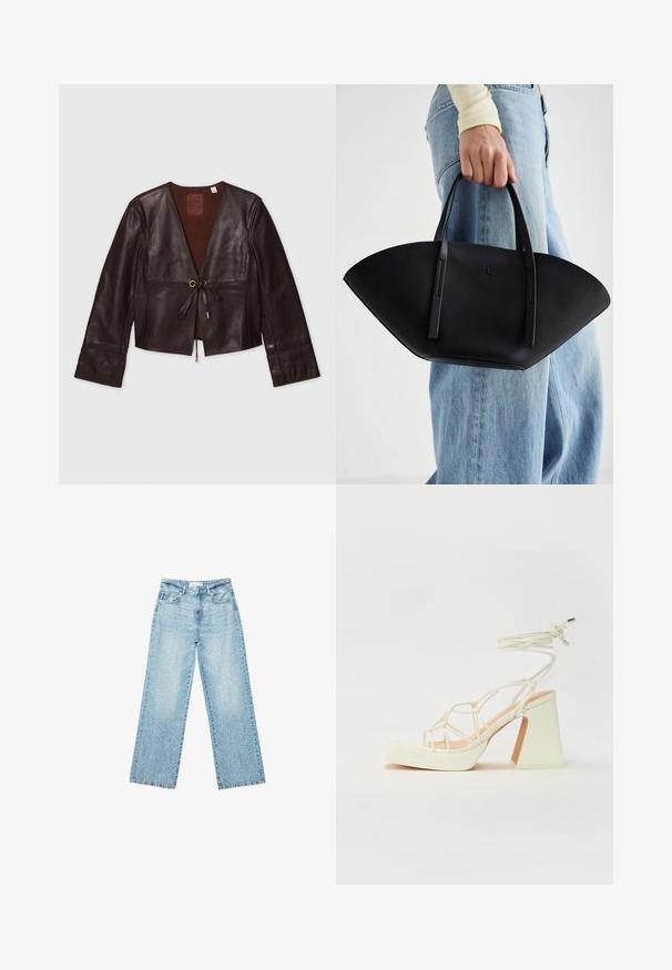 Smeđi kožni kratki jakna s dugim rukavima, V-izrezom, prednjim vezivanjem i zlatnim detaljima; glatka tekstura s bogatom završnom obradom.; Svijetloplava traper košulja dugih rukava, s naoštrenim ovratnikom, dva džepa na prsima i kontrastnim šavovima. Sadrži dizajn yoke u zapadnjačkom stilu.; Svijetloplave široke traperice s visokim strukom, s izbljeđenim pranjem i malim, raštrkanim oštećenjima na cijeloj površini.; Bijela sandala na visokoj potpetici s debelim petom, s remenom i vezanjem oko gležnja. Glatka tekstura s platformom sprijeda za dodatnu visinu.; Crna kožna torba jedinstvenog oblika ventilatora, s ravnim ručkama. Površina ima teksturu sličnu šljunku i minimalistički dizajn.