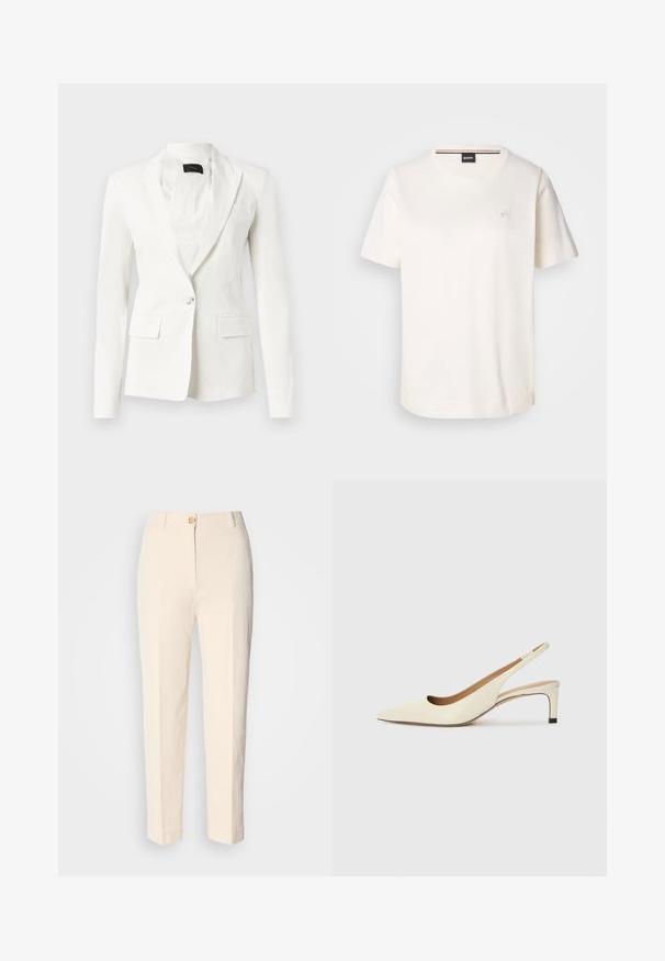 Balta švarka, pagaminta iš lygios medžiagos, su vienu mygtuko uždarymu, išskirtinėmis atvartinėmis apykaklėmis ir dviem priekinėmis kišenėmis. Paprastas, tvarkingas dizainas.; Balta medvilnės marškinėliai su trumpomis rankovėmis, apykakle iš apvalaus kaklo ir mažu logotipu ant krūtinės. Lygus paviršius ir tiesi apatinė siūlė.; Kreminės spalvos, aukštu liemeniu kelnės, pagamintos iš tekstūruoto audinio. Turi priekinį mygtuko užsegimą ir siaurėjantį kirpimą.; Smailo nosiu slingback bateliai off-white oda, su žemu kulnu ir išpjovimo dizainu, turintys lygų paviršių ir minimalų akcentų skaičių.