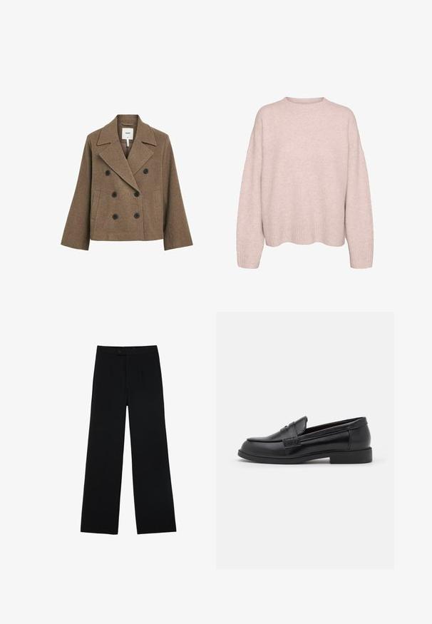 Cappotto doppiopetto in misto lana marrone con colletto a scollo, due bottoni neri, tasche laterali e vestibilità sartoriale. Tessitura liscia.; Maglione lavorato a maglia rosa chiaro con maniche lunghe, polsini e orlo a coste, e colletto rotondo a girocollo, presentato su uno sfondo bianco.; Pantaloni neri a gamba larga realizzati in tessuto morbido, con chiusura frontale a bottoni e due pieghe per un dettaglio aggiuntivo. Design su misura in generale.; Mocassini in pelle nera con una superficie liscia, punta rotonda, dettagli cuciti sulla tomaia e suola piatta in gomma bassa.