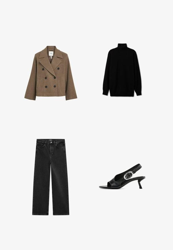 Brown wool blend double-breasted coat with notched collar, two black buttons, side pockets, and tailored fit. Smooth texture.; Black turtleneck sweater made of soft material, featuring a relaxed fit, long sleeves, and ribbed cuffs and hem. No visible patterns or accents.; Wide-leg black denim jeans with a subtle vertical stripe pattern, featuring five-pocket design and a classic button closure at the waist.; Black leather slingback shoe with an open toe, featuring a silver oval buckle on the strap and a slender kitten heel. Smooth texture.