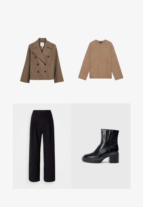 Pruun villasegu topeltäärega mantel notchega kraega, kahe musta nööbiga, küljetaskute ja kohandatud lõikega. Sile tekstuur.; Pruunist kudumist valmistatud sviiter ümmarguse kaeluse, pikkade varrukate ja pehme tekstuuriga. Lihtne disain, ilma mustrite või kaunistusteta.; Mustad laiad püksid, mis on valmistatud siledast kangast. Omavad eriti istuvat vööd ja ees olevat volditud detaili, et lisada volüümi. Kohandatud disain.; Mustmustest must paeltega särkide, millel on kõver varvas, elastsed külgpaneelid ja jäme plokkpealse. Tagaküljel on reljeefne logo.