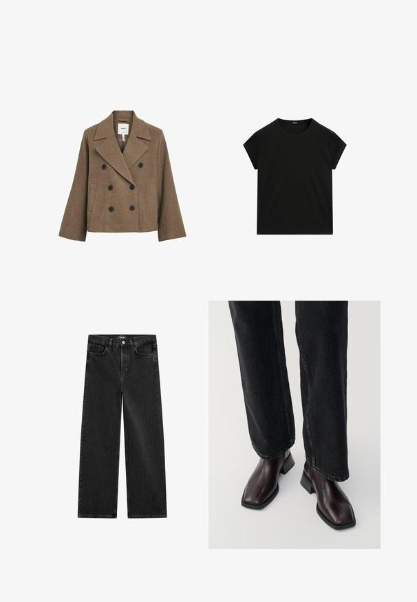 Manteau double boutonnage en mélange de laine brun avec col cranté, deux boutons noirs, poches latérales et coupe ajustée. Texture lisse.; T-shirt noir à manches courtes, col rond, avec un ourlet droit, présenté à plat sur un fond blanc.; Jean en denim noir à jambes larges avec un motif de rayures verticales subtiles, dotés d'un design à cinq poches et d'une fermeture à bouton classique à la taille.; Bottines en cuir marron avec un orteil carré et un talon carré, associées à un jeans noir à jambes larges. Texture lisse et design minimaliste.