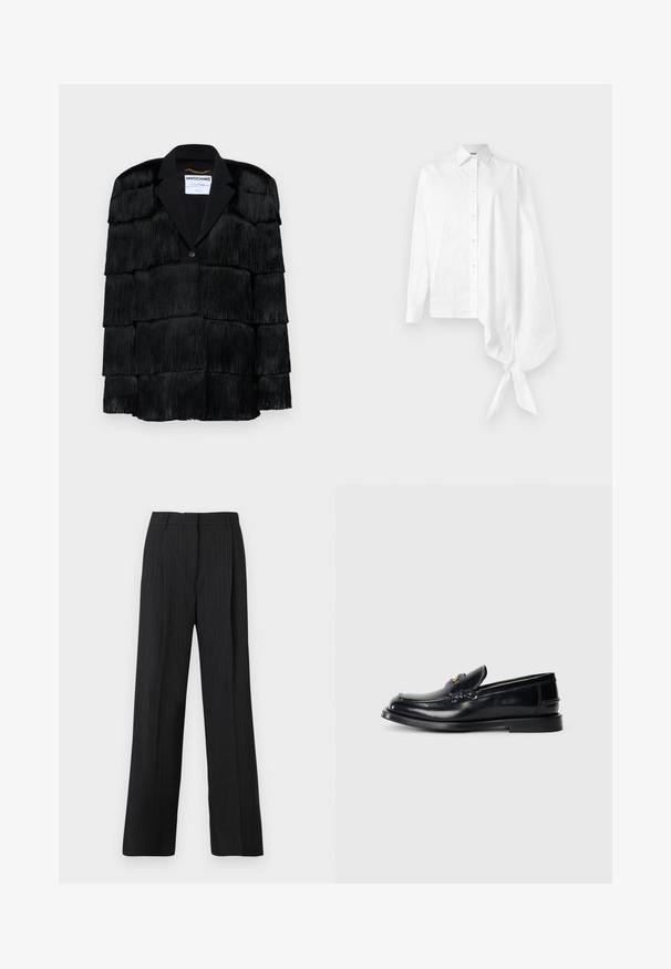 Mustalöök, millel on kihiline frantsiitdetail, sisselõigatud krae ja ühe nupuklõpsuga sulgemine. Pehme tekstuur, struktureeritud disain.; Valge pikakätiline nööpidega särk, millel on asümmeetriline, ülevõetud varrukas, sidunud paremal küljel randme ümber.; Mustrilisehised mustad püstvindiga püksid, millel on vabalt langev lõige, lame esiosa, kaks külgtaskut ja sile kangatekstuuri.; Mustast nahast loafer, millel on õmmeldud muster, väike esiflap ja lame kummist tald. Sujuv tekstuur kuldse viimistlusega.