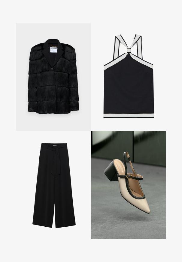 Casaco preto com detalhes de franjas em camadas, gola inglesa e fecho com um botão único. Textura suave, design estruturado.; Top halter preto com acabamentos brancos, apresentando um design de costas atadas, um acabamento texturizado e uma silhueta ajustada. Simples e moderno.; Calças largas pretas com um tecido texturizado, uma cintura elástica e um laço destacável na cintura para um ajuste ajustável.; Sandal de biqueira pontuda em bege com acabamento preto, fivela dourada e um salto bloco sólido, em um chão cinza com fundo verde escuro.