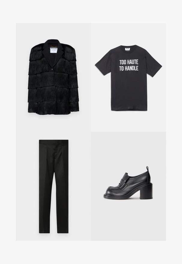 Fekete dzseki réteges rojtos részletekkel, kivágott hajtókkal és egy gombos záródással. Puha textúra, struktúrált dizájn.; Fekete pamut póló rövid ujjakkal és kerek nyakkivágással, elöl fehér felirattal: "TÚL FORRÓ AHHOZ, HOGY KEZELNI TUDJUK".; Fekete nadrág sima anyaggal, testhezálló fazonnal, egyenes lábakkal és lapos derékkal, látható zárak vagy zsebek nélkül.; Fekete bőr magassarkú cipők kerek orral, kiemelkedő pánttal a lábfejen és tömzsi sarokkal. Simáld textúra, minimális varrással.