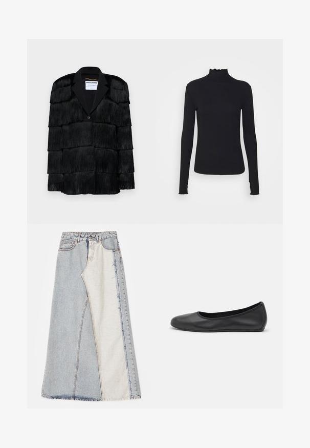 Juoda striukė su sluoksniuotais kutais, įpjovimu ant apykaklės ir vienu mygtuko uždarymu. Švelni tekstūra, struktūruotas dizainas.; Juodas ilgomis rankovėmis turtleneko tipo viršus, pagamintas iš lygaus audinio, su raukšlėtu kaklu ir prigludusia siluetu, turinčiu paprastus kraštus.; Džinsinė sijonas su lokščių raštu, įskaitant šviesiai ir vidutiniškai mėlynus skyrius, suplėšytais kraštais ir aukšta juosmens linija. Klasikinis penkių kišenių stilius.; Juodai odiniai baletai su apvaliu pirštu, lygi texture, minimalus siuvimo detales ir lanksčiu padų dizainu.