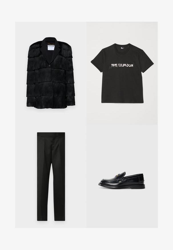 Juoda striukė su sluoksniuotais kutais, įpjovimu ant apykaklės ir vienu mygtuko uždarymu. Švelni tekstūra, struktūruotas dizainas.; Juodas medvilninis marškinėliai trumpomis rankovėmis, su spausdintu baltu ir pilku „THE 2LOOK“ dizainu priekyje. Klasikinis apvalus iškirpimas.; Juodos kelnės su lygiu audiniu, pritaikytu dizainu, tiesiomis kojomis ir plokščiu juosmeniu be matomų užsegimų ar kišenių.; Juodas odinis loafersas su siuvinėjimu, maža priekine skiltimi ir plokščiu guminiu padu. Lygus paviršius su aukso tono detalėmis.