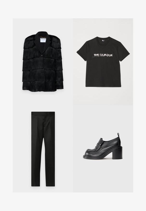 Czarna kurtka z warstwowymi frędzlami, wykładanym kołnierzem i zapięciem na jeden guzik. Miękka tekstura, strukturalny design.; Czarna bawełniana koszulka z krótkim rękawem, z nadrukowanym białym i szarym wzorem "THE 2LOOK" na przodzie. Klasyczny okrągły dekolt.; Czarne spodnie wykonane z gładkiego materiału, z dopasowanym krojem, prostymi nogawkami oraz płaskim pasem bez widocznych zapięć lub kieszeni.; Czarne skórzane buty na obcasie z okrągłym noskiem, wyraźną taśmą na wierzchu oraz masywnym obcasem. Gładka tekstura z minimalnymi przeszyciami.
