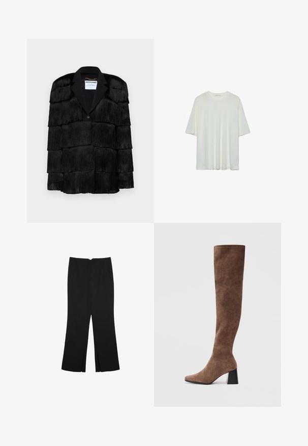 Črna jakna z večplastnimi resicami, z izrezanim reverjem in enim gumbom za zapiranje. Mehka tekstura, strukturiran dizajn.; Bela majica s kratkimi rokavi, okroglo izrezana, mehka bombažna mešanica, sproščen kroj, brezšivna rob, minimalističen dizajn brez okrasnih elementov.; Črne hlače ravnega kroja z naglavnimi žepi in stranskimi razporki na robu. Narejene iz mehke, gladke tkanine. Primerne za različne priložnosti.; Rjave čizme do kolen, izdelane iz mehkega semiša, z ostrim nosom in masivnim črnim peto. Oblikovanje vključuje brezšivno šivanje za eleganten videz.